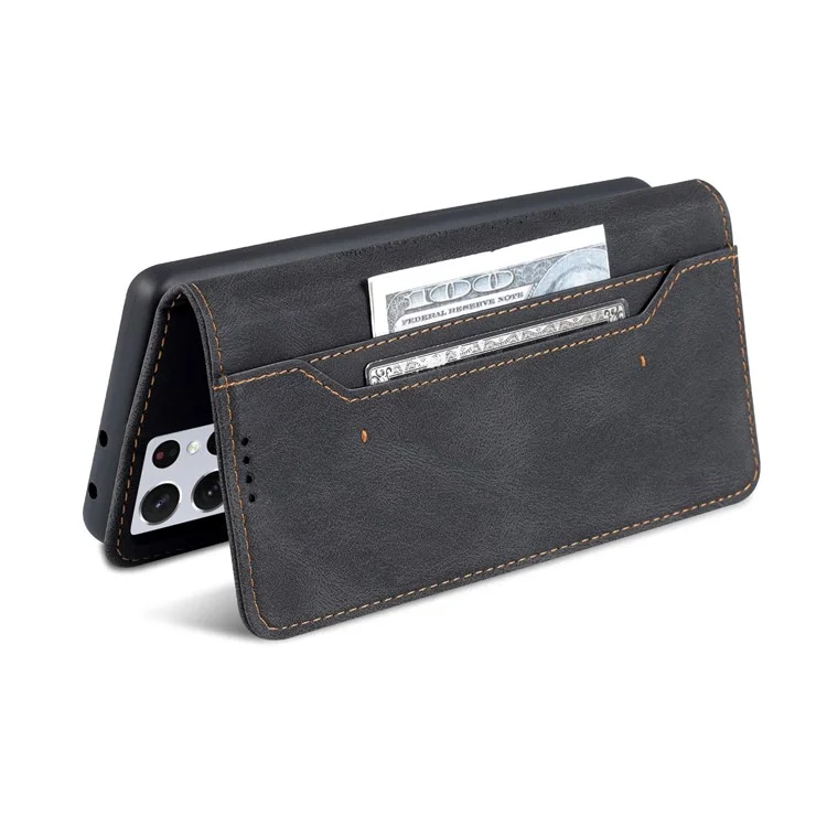 AZNS Magnetic Closure PU Leather Flip Wallet Case Stand Shockproof TPU Inner Shell Phone Cover for Samsung Galaxy S21 Ultra 5G - Black