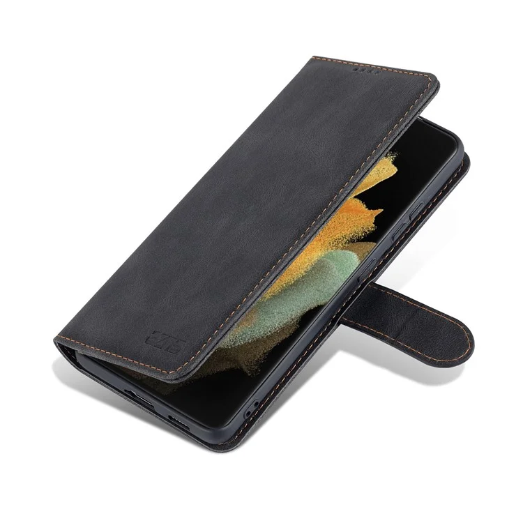 AZNS Magnetic Closure PU Leather Flip Wallet Case Stand Shockproof TPU Inner Shell Phone Cover for Samsung Galaxy S21 Ultra 5G - Black