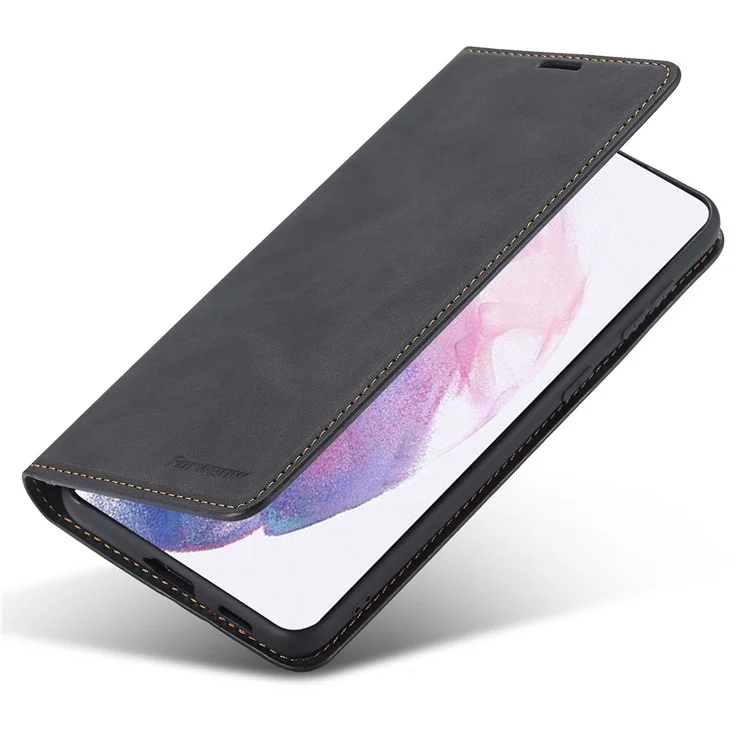 FORWENW Fantasy-Serie Haptik-Gefühl Magnetische Auto-absorbierte PU-Leder-Hülle Geldbörse Ständer Handyhülle für Samsung Galaxy S22 5G - Schwarz