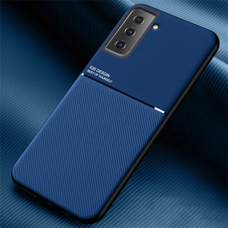 Car Mount Holder Metal Sheet Imprinting PU Leather + TPU Phone Case Shell for Samsung Galaxy S21+ 5G - Blue