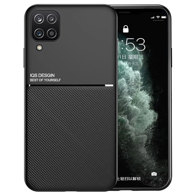 Textured Light Slim Phone Case TPU + PU Leather Anti-scratch Mobile Phone Cover with Built-in Magnetic Metal Sheet for Samsung Galaxy A12 - Black
