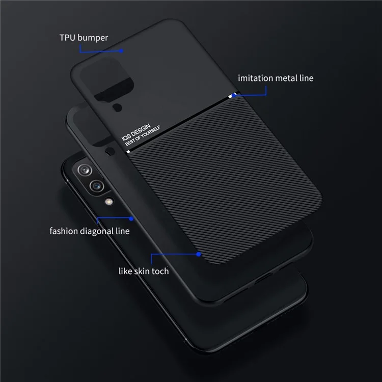 Textured Light Slim Phone Case TPU + PU Leather Anti-scratch Mobile Phone Cover with Built-in Magnetic Metal Sheet for Samsung Galaxy A12 - Black