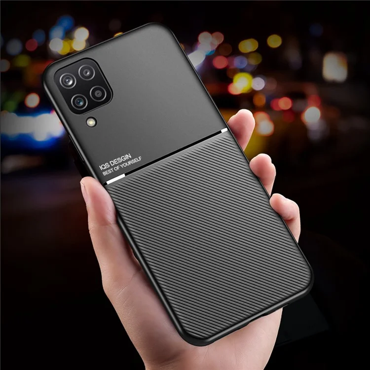Textured Light Slim Phone Case TPU + PU Leather Anti-scratch Mobile Phone Cover with Built-in Magnetic Metal Sheet for Samsung Galaxy A12 - Black