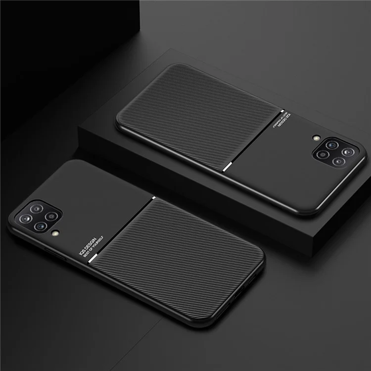 Textured Light Slim Phone Case TPU + PU Leather Anti-scratch Mobile Phone Cover with Built-in Magnetic Metal Sheet for Samsung Galaxy A12 - Black