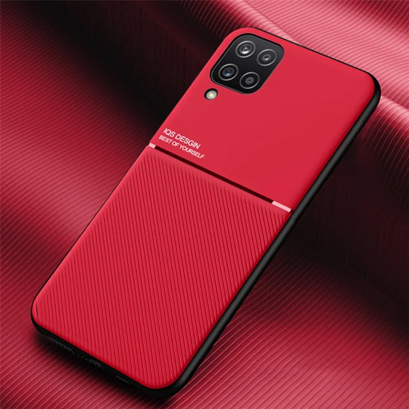 Textured Light Slim Phone Case TPU + PU Leather Anti-scratch Mobile Phone Cover with Built-in Magnetic Metal Sheet for Samsung Galaxy A12 - Red