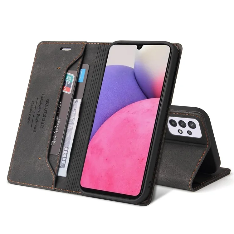 GQ.UTROBE 008 Series Stand Wallet Function RFID Blocking Anti-swiping Phone Case Skin Touch PU Leather Magnetic Auto-absorbed Cover for Samsung Galaxy A33 5G - Black