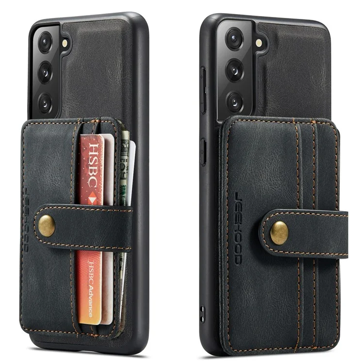 JEEHOOD Detachable 2-in-1 Design RFID Blocking Magnetic Card Holder + Anti-scratch Leather Coated TPU Case Phone Cover for Samsung Galaxy S22 5G - Black