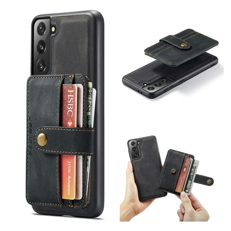 JEEHOOD Detachable 2-in-1 Design RFID Blocking Magnetic Card Holder + Anti-scratch Leather Coated TPU Case Phone Cover for Samsung Galaxy S22 5G - Black