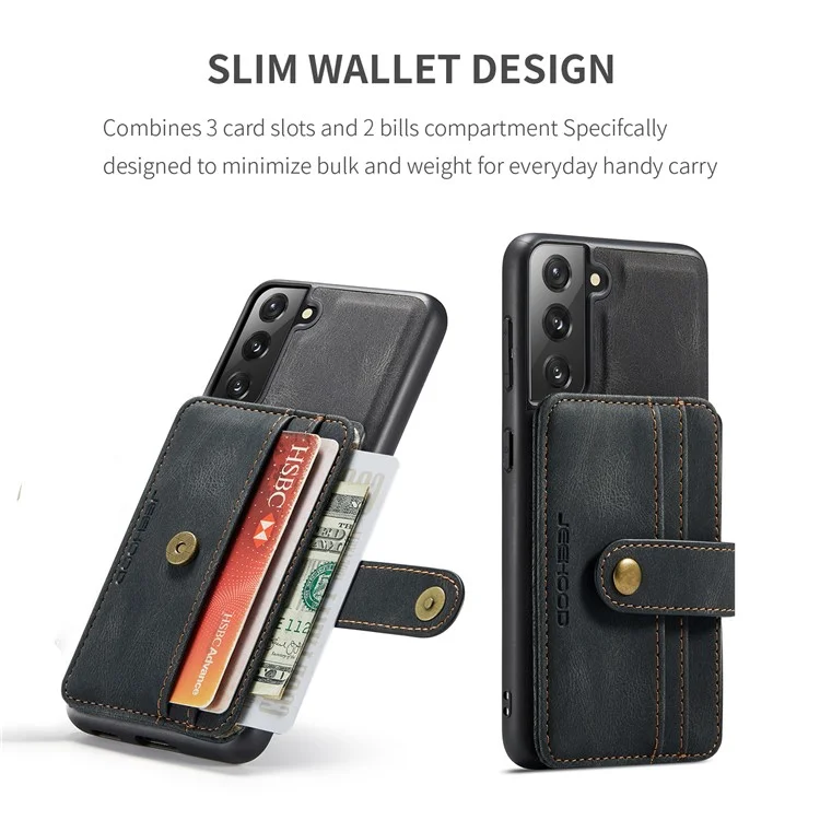 JEEHOOD Detachable 2-in-1 Design RFID Blocking Magnetic Card Holder + Anti-scratch Leather Coated TPU Case Phone Cover for Samsung Galaxy S22 5G - Black