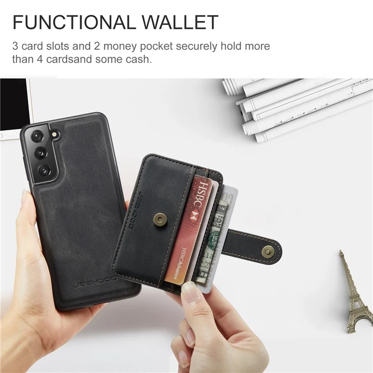 JEEHOOD Detachable 2-in-1 Design RFID Blocking Magnetic Card Holder + Anti-scratch Leather Coated TPU Case Phone Cover for Samsung Galaxy S22 5G - Black