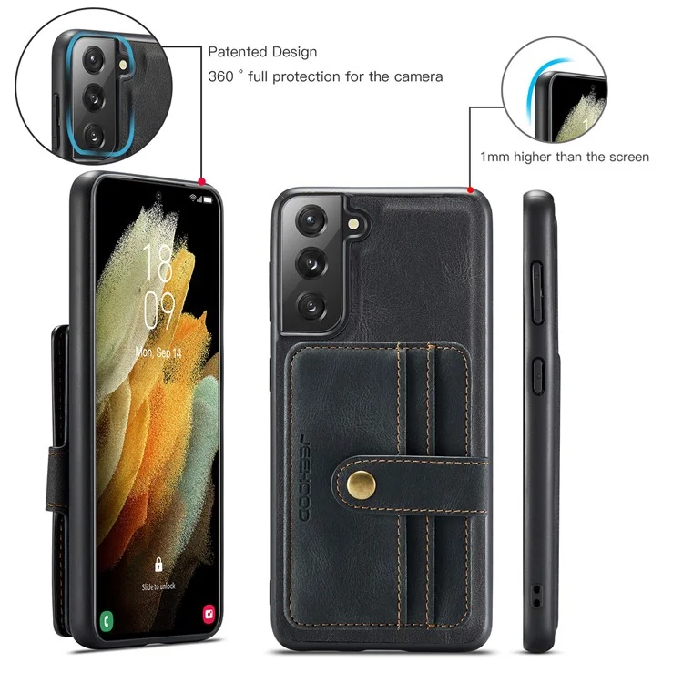 JEEHOOD Detachable 2-in-1 Design RFID Blocking Magnetic Card Holder + Anti-scratch Leather Coated TPU Case Phone Cover for Samsung Galaxy S22 5G - Black
