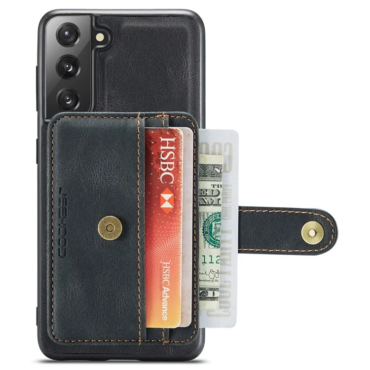 JEEHOOD Detachable 2-in-1 Design RFID Blocking Magnetic Card Holder + Anti-scratch Leather Coated TPU Case Phone Cover for Samsung Galaxy S22 5G - Black