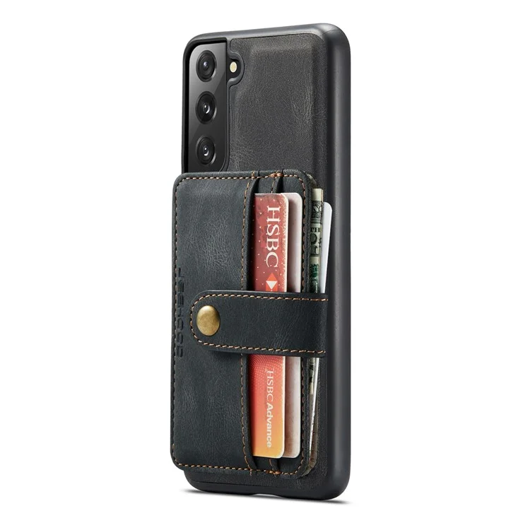 JEEHOOD Detachable 2-in-1 Design RFID Blocking Magnetic Card Holder + Anti-scratch Leather Coated TPU Case Phone Cover for Samsung Galaxy S22 5G - Black