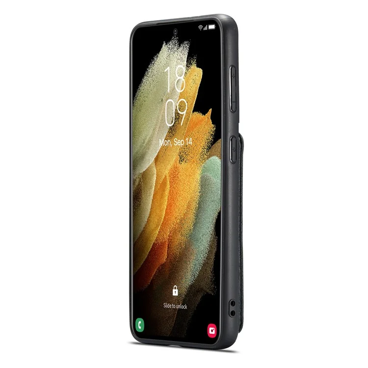 JEEHOOD Detachable 2-in-1 Design RFID Blocking Magnetic Card Holder + Anti-scratch Leather Coated TPU Case Phone Cover for Samsung Galaxy S22 5G - Black