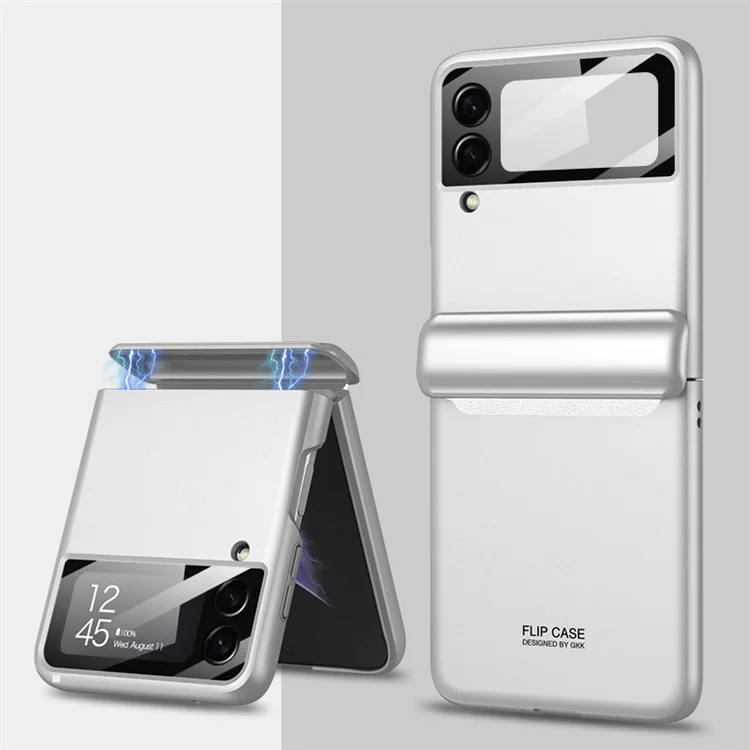 Funda plegable con absorción magnética GKK de PC duro para el teléfono Samsung Galaxy Z Flip3 5G, con película de cristal templado para la lente de la cámara incorporada - Plata
