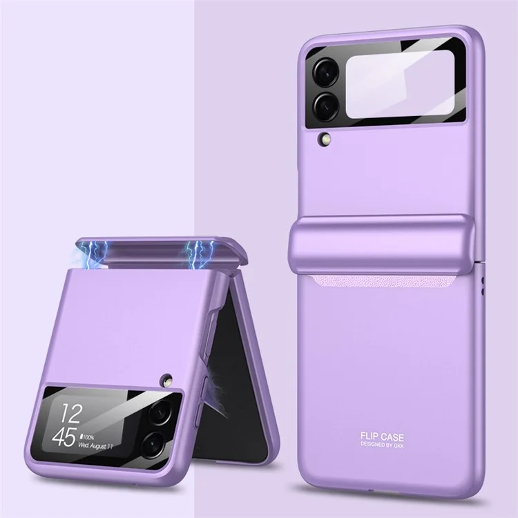 GKK Magnetic Absorption Hinge Hard PC Folding Case for Samsung Galaxy Z Flip3 5G Phone Cover with Built-in Tempered Glass Camera Lens Film - Purple