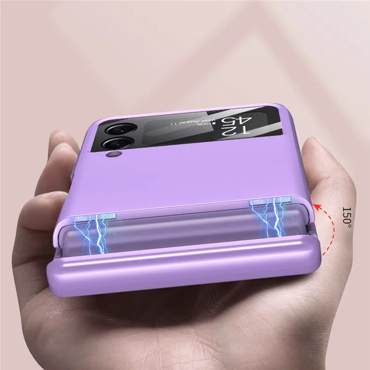 GKK Magnetic Absorption Hinge Hard PC Folding Case for Samsung Galaxy Z Flip3 5G Phone Cover with Built-in Tempered Glass Camera Lens Film - Purple