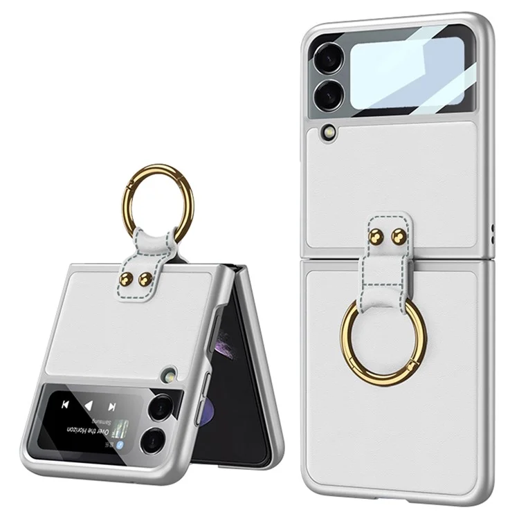 Estuche Plegable Protectora Con Recubrimiento De Cuero De Cuero GKK PU Caja De Plegado De Cristal Templado Incorporado Protector De Lentes De Cristal Templado Con Anillo Para Samsung Galaxy Z Flip3 5G - Plata