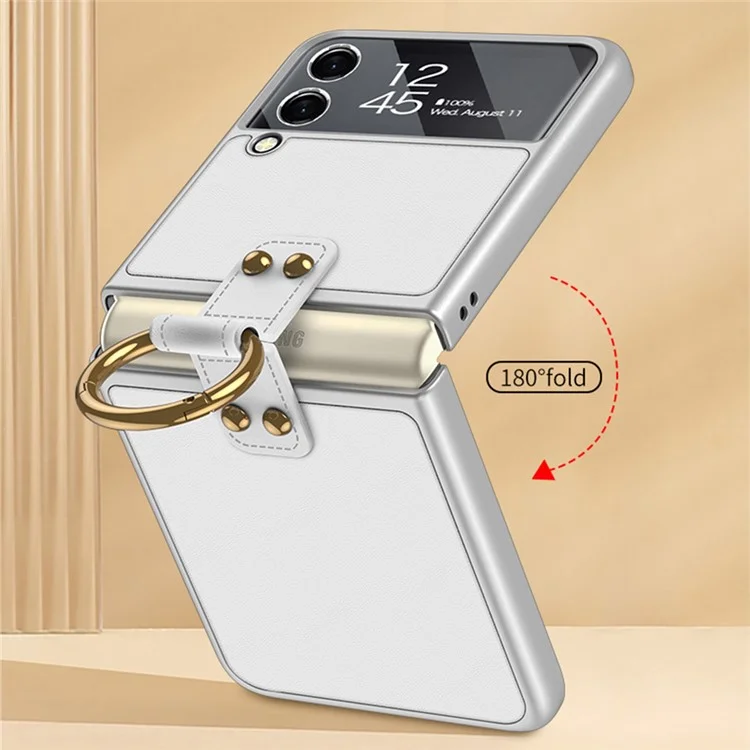 GKK PU Leather Coated Hard PC Protective Folding Case Built-in Tempered Glass Camera Lens Protector with Ring Kickstand Holder for Samsung Galaxy Z Flip3 5G - Silver