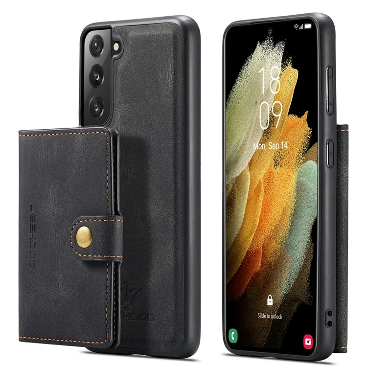 JEEHOOD Detachable -2-in-1 Wallet Kickstand Design Leather Coated TPU Phone Case for Samsung Galaxy S22 5G - Black