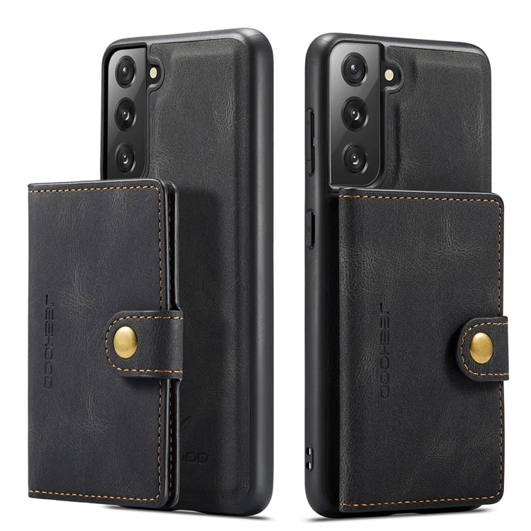 JEEHOOD Detachable -2-in-1 Wallet Kickstand Design Leather Coated TPU Phone Case for Samsung Galaxy S22 5G - Black
