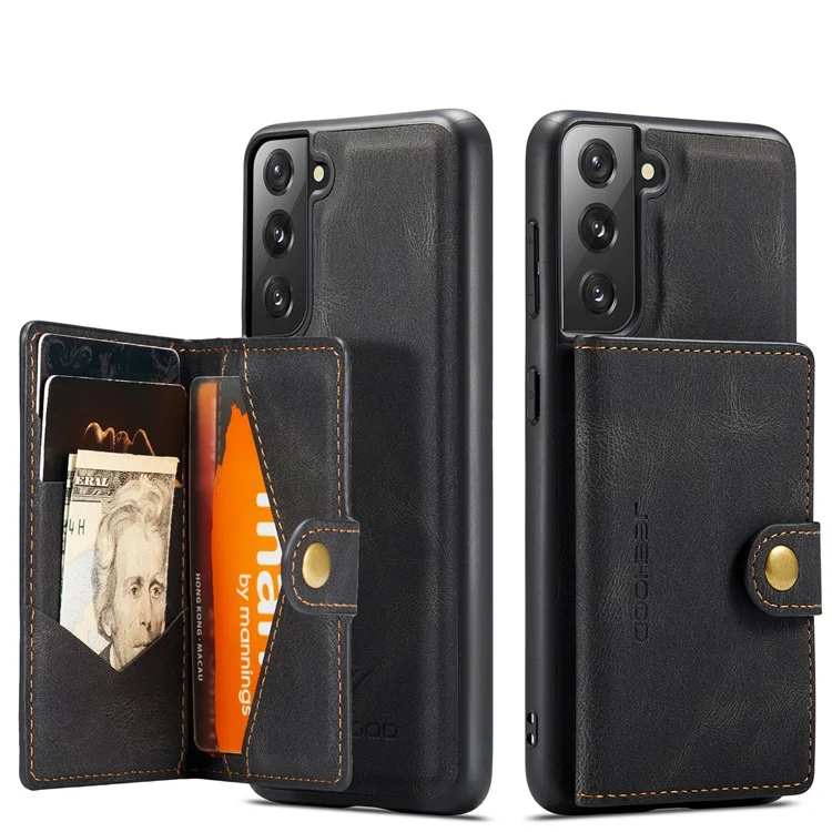 JEEHOOD Detachable -2-in-1 Wallet Kickstand Design Leather Coated TPU Phone Case for Samsung Galaxy S22 5G - Black