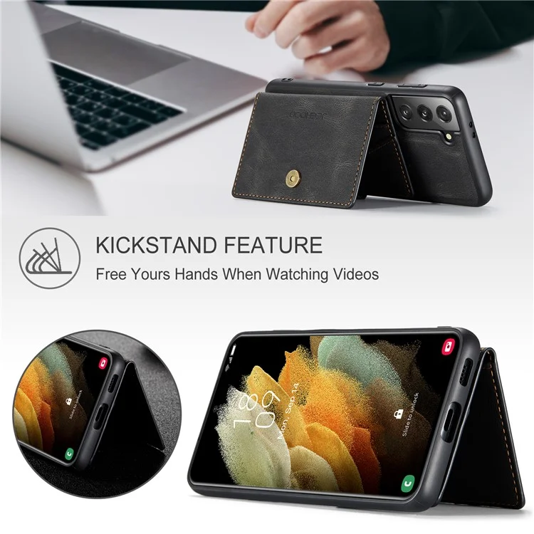 JEEHOOD Detachable -2-in-1 Wallet Kickstand Design Leather Coated TPU Phone Case for Samsung Galaxy S22 5G - Black