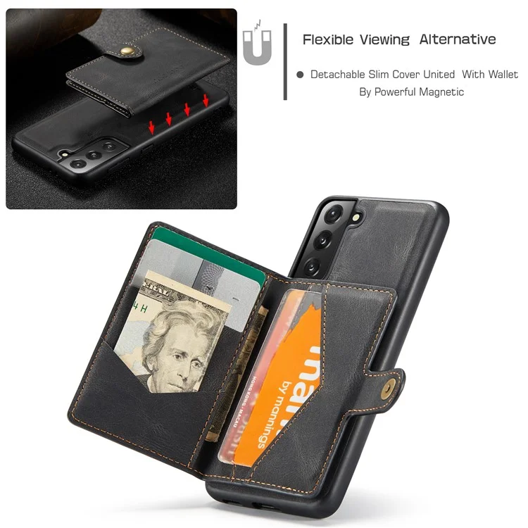 JEEHOOD Detachable -2-in-1 Wallet Kickstand Design Leather Coated TPU Phone Case for Samsung Galaxy S22 5G - Black