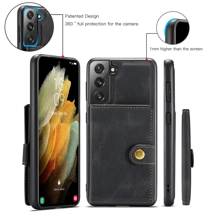 JEEHOOD Detachable -2-in-1 Wallet Kickstand Design Leather Coated TPU Phone Case for Samsung Galaxy S22 5G - Black