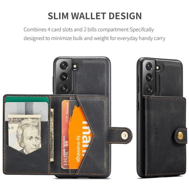 JEEHOOD Detachable -2-in-1 Wallet Kickstand Design Leather Coated TPU Phone Case for Samsung Galaxy S22 5G - Black
