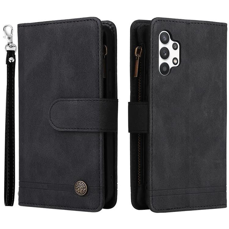 Stripes Imprinted Skin-touch Wallet Stand Leather Cover with Tree Pattern Hardware Card Slots Zipper Pocket Phone Case for Samsung Galaxy A32 4G (EU Version) - Black