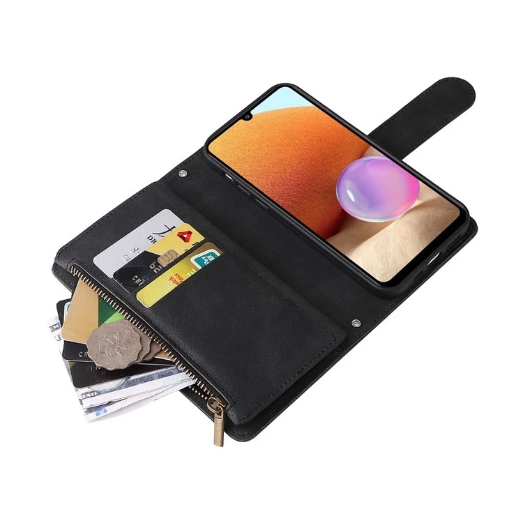 Stripes Imprinted Skin-touch Wallet Stand Leather Cover with Tree Pattern Hardware Card Slots Zipper Pocket Phone Case for Samsung Galaxy A32 4G (EU Version) - Black