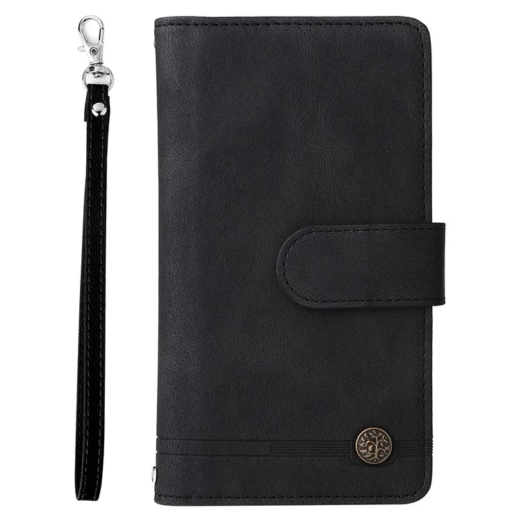 Stripes Imprinted Skin-touch Wallet Stand Leather Cover with Tree Pattern Hardware Card Slots Zipper Pocket Phone Case for Samsung Galaxy A32 4G (EU Version) - Black