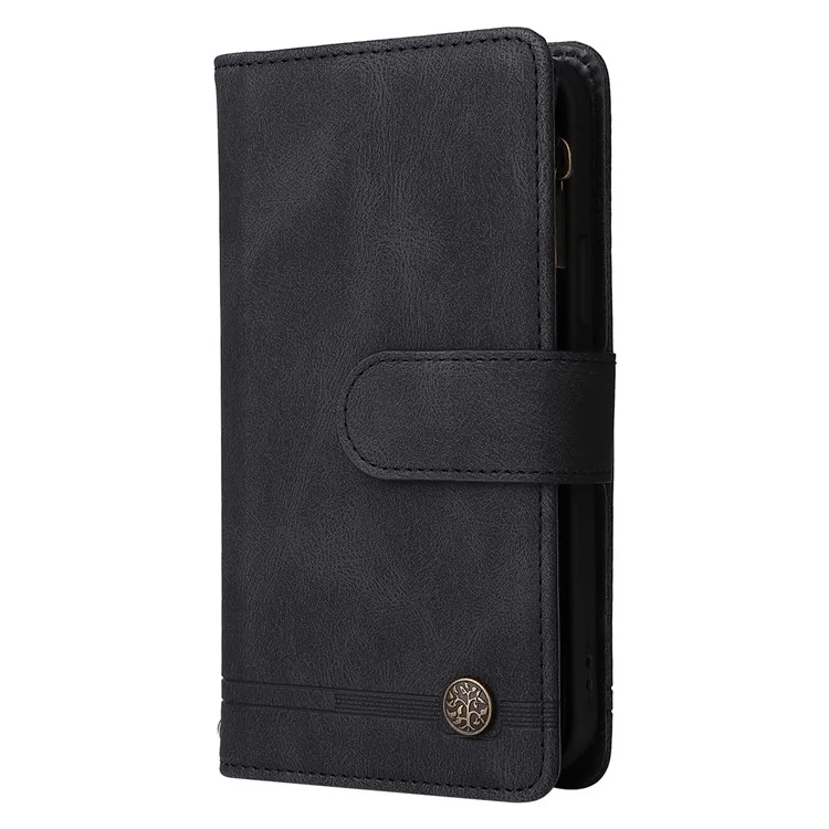 Stripes Imprinted Skin-touch Wallet Stand Leather Cover with Tree Pattern Hardware Card Slots Zipper Pocket Phone Case for Samsung Galaxy A32 4G (EU Version) - Black