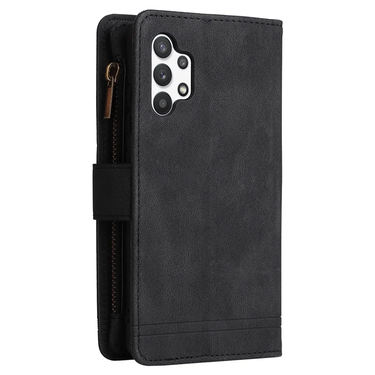 Stripes Imprinted Skin-touch Wallet Stand Leather Cover with Tree Pattern Hardware Card Slots Zipper Pocket Phone Case for Samsung Galaxy A32 4G (EU Version) - Black