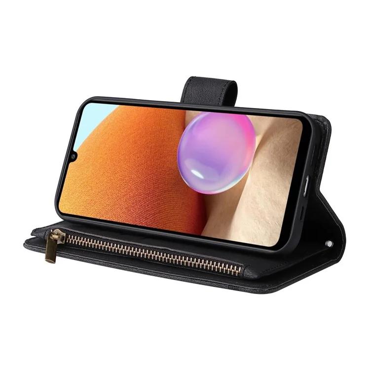 Stripes Imprinted Skin-touch Wallet Stand Leather Cover with Tree Pattern Hardware Card Slots Zipper Pocket Phone Case for Samsung Galaxy A32 4G (EU Version) - Black