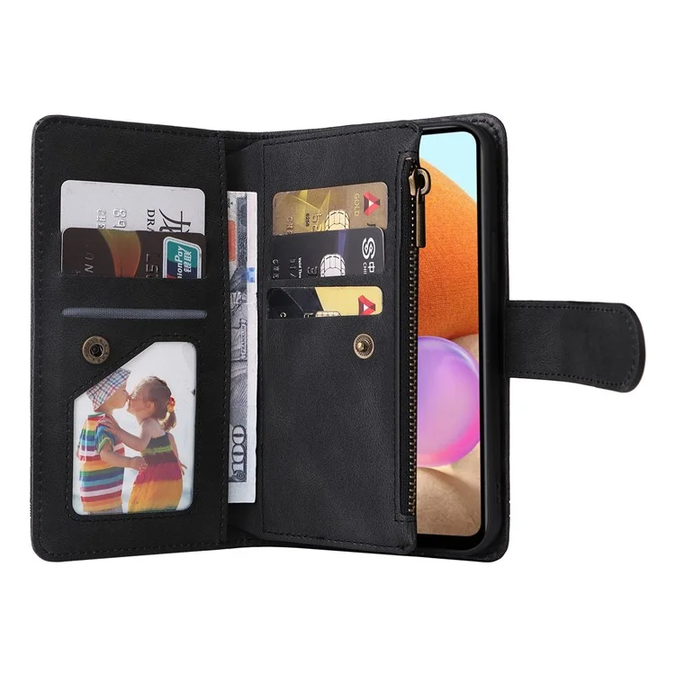 Stripes Imprinted Skin-touch Wallet Stand Leather Cover with Tree Pattern Hardware Card Slots Zipper Pocket Phone Case for Samsung Galaxy A32 4G (EU Version) - Black