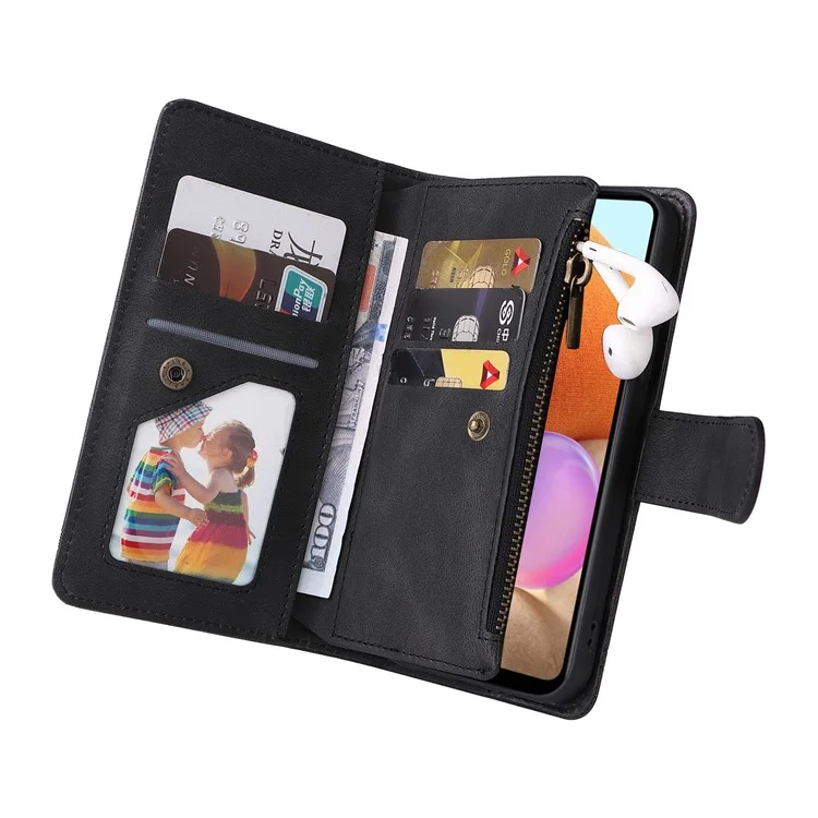 Stripes Imprinted Skin-touch Wallet Stand Leather Cover with Tree Pattern Hardware Card Slots Zipper Pocket Phone Case for Samsung Galaxy A32 4G (EU Version) - Black