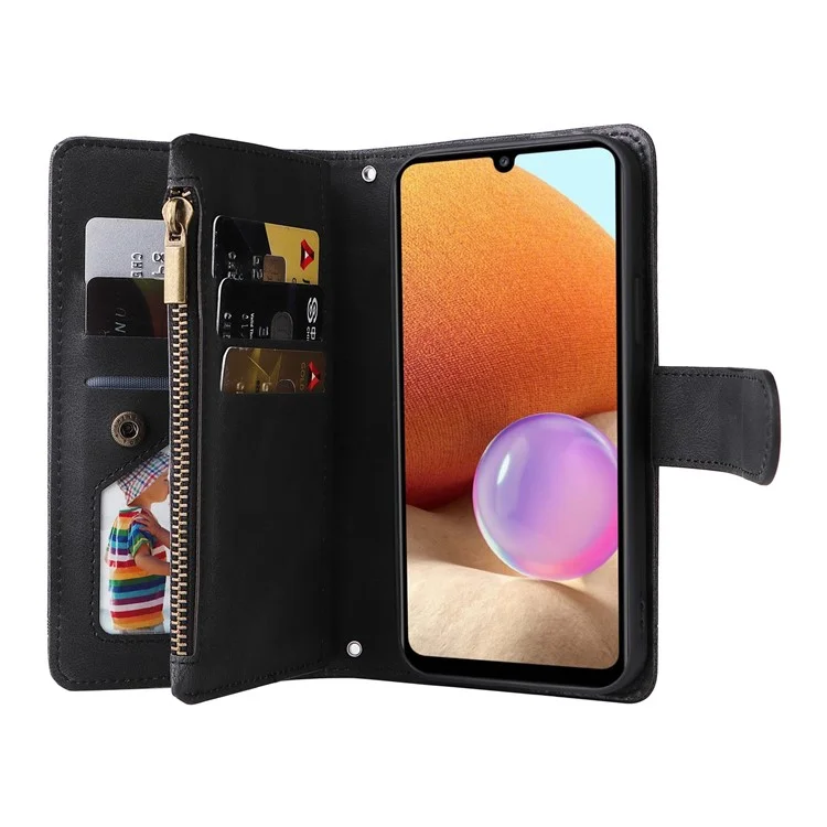 Stripes Imprinted Skin-touch Wallet Stand Leather Cover with Tree Pattern Hardware Card Slots Zipper Pocket Phone Case for Samsung Galaxy A32 4G (EU Version) - Black