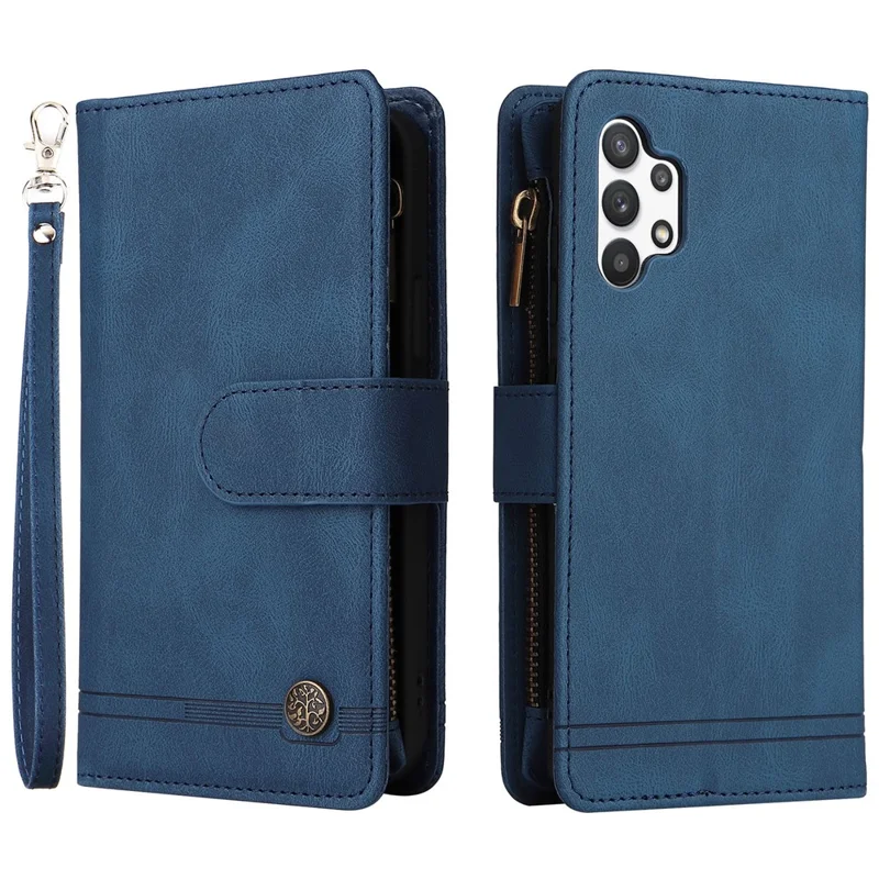 Stripes Imprinted Skin-touch Wallet Stand Leather Cover with Tree Pattern Hardware Card Slots Zipper Pocket Phone Case for Samsung Galaxy A32 4G (EU Version) - Blue