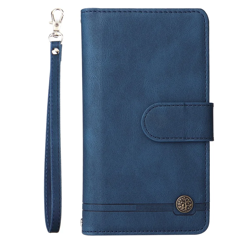 Stripes Imprinted Skin-touch Wallet Stand Leather Cover with Tree Pattern Hardware Card Slots Zipper Pocket Phone Case for Samsung Galaxy A32 4G (EU Version) - Blue