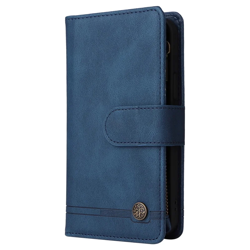 Stripes Imprinted Skin-touch Wallet Stand Leather Cover with Tree Pattern Hardware Card Slots Zipper Pocket Phone Case for Samsung Galaxy A32 4G (EU Version) - Blue