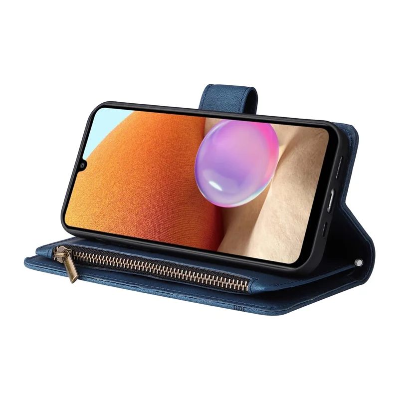 Stripes Imprinted Skin-touch Wallet Stand Leather Cover with Tree Pattern Hardware Card Slots Zipper Pocket Phone Case for Samsung Galaxy A32 4G (EU Version) - Blue