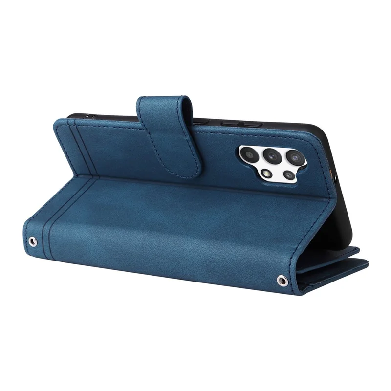 Stripes Imprinted Skin-touch Wallet Stand Leather Cover with Tree Pattern Hardware Card Slots Zipper Pocket Phone Case for Samsung Galaxy A32 4G (EU Version) - Blue