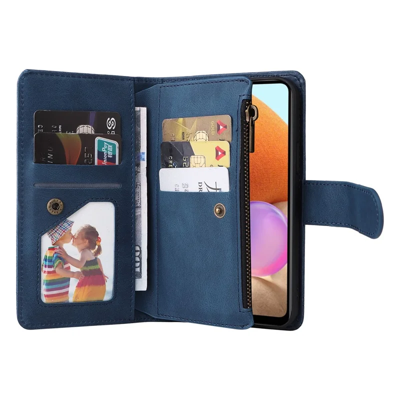 Stripes Imprinted Skin-touch Wallet Stand Leather Cover with Tree Pattern Hardware Card Slots Zipper Pocket Phone Case for Samsung Galaxy A32 4G (EU Version) - Blue