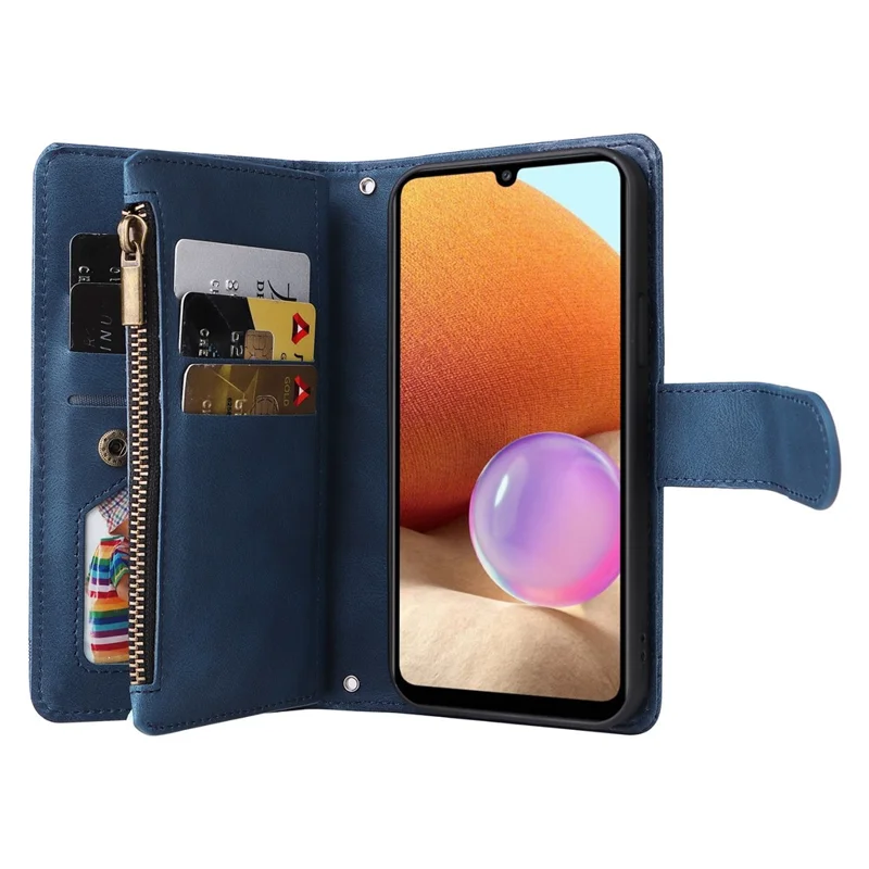 Stripes Imprinted Skin-touch Wallet Stand Leather Cover with Tree Pattern Hardware Card Slots Zipper Pocket Phone Case for Samsung Galaxy A32 4G (EU Version) - Blue