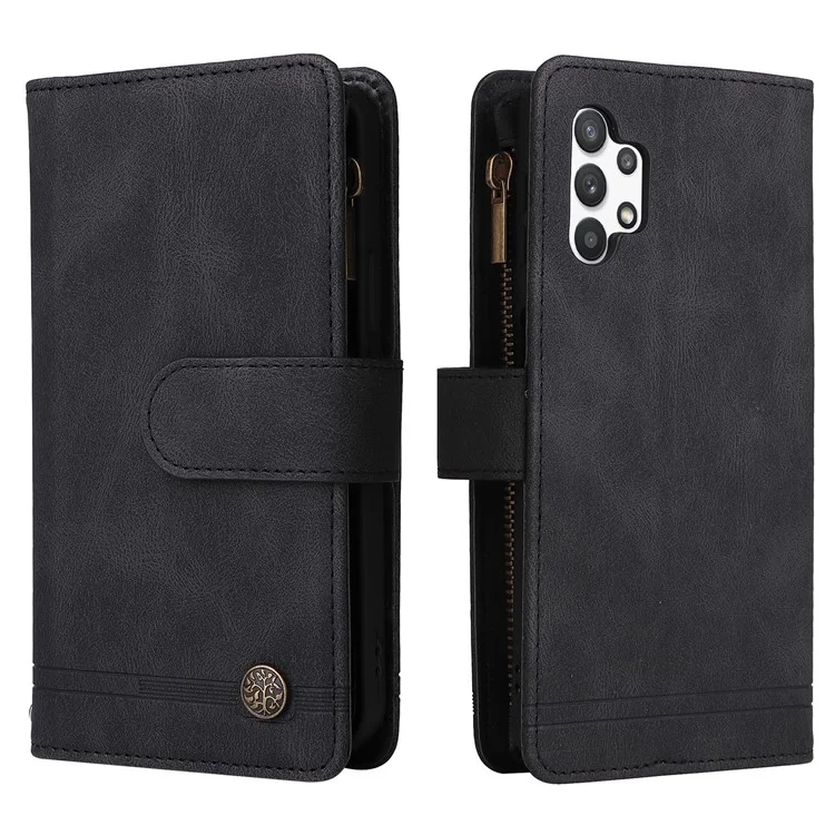 Stripes Imprimido Color Sólido Toque de Piel Toque de la Billetera Rangedones de la Tarjeta de Tapa de Cuero Case de Teléfono Con Bolsillo Con Cremallera Para Samsung Galaxy A32 5G/M32 5G - Negro