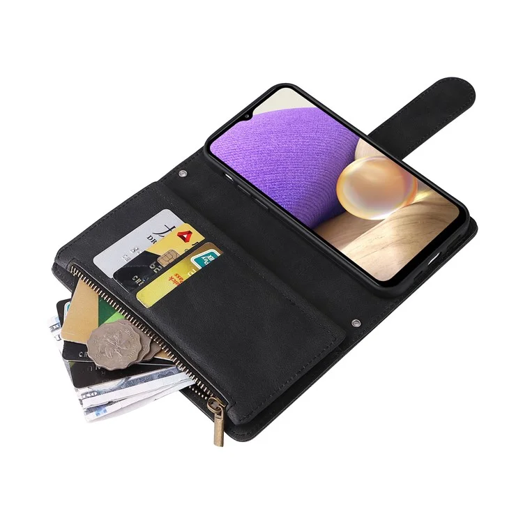 Stripes Imprimido Color Sólido Toque de Piel Toque de la Billetera Rangedones de la Tarjeta de Tapa de Cuero Case de Teléfono Con Bolsillo Con Cremallera Para Samsung Galaxy A32 5G/M32 5G - Negro