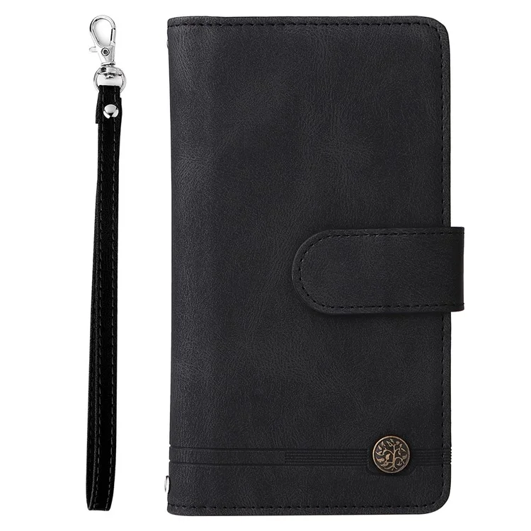 Stripes Imprimido Color Sólido Toque de Piel Toque de la Billetera Rangedones de la Tarjeta de Tapa de Cuero Case de Teléfono Con Bolsillo Con Cremallera Para Samsung Galaxy A32 5G/M32 5G - Negro