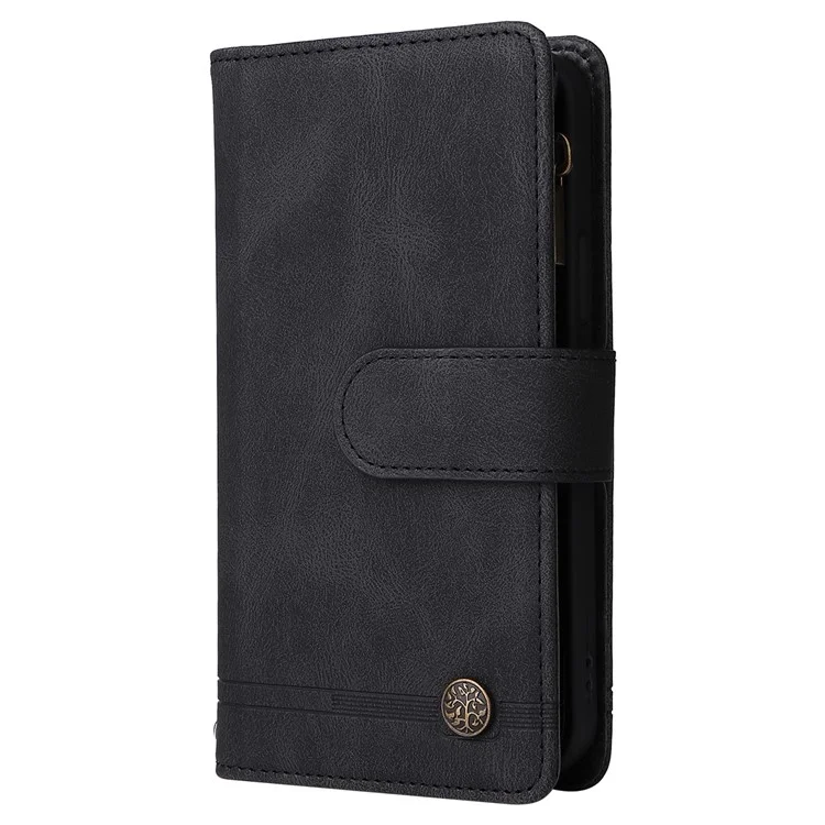 Stripes Imprimido Color Sólido Toque de Piel Toque de la Billetera Rangedones de la Tarjeta de Tapa de Cuero Case de Teléfono Con Bolsillo Con Cremallera Para Samsung Galaxy A32 5G/M32 5G - Negro